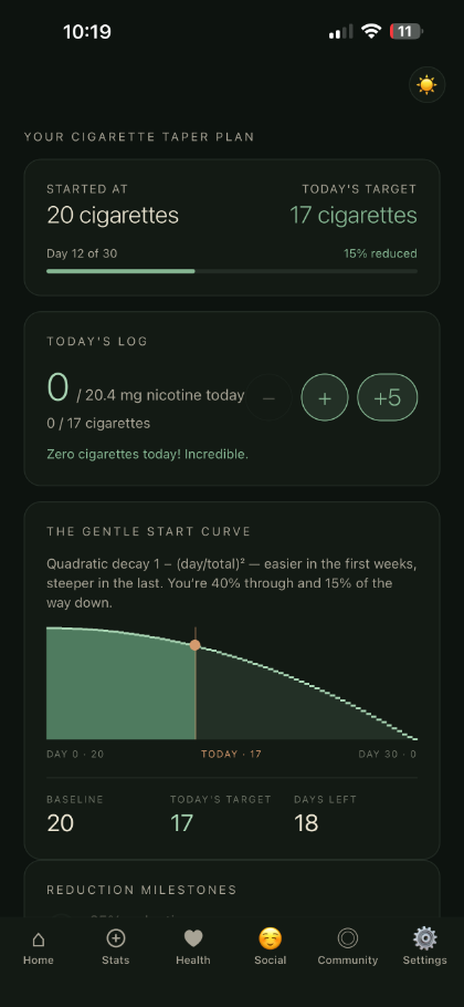 A ClariLung cigarette taper plan: a starting count of cigarettes, today’s target, day 12 of 30, and the percentage reduced so far.